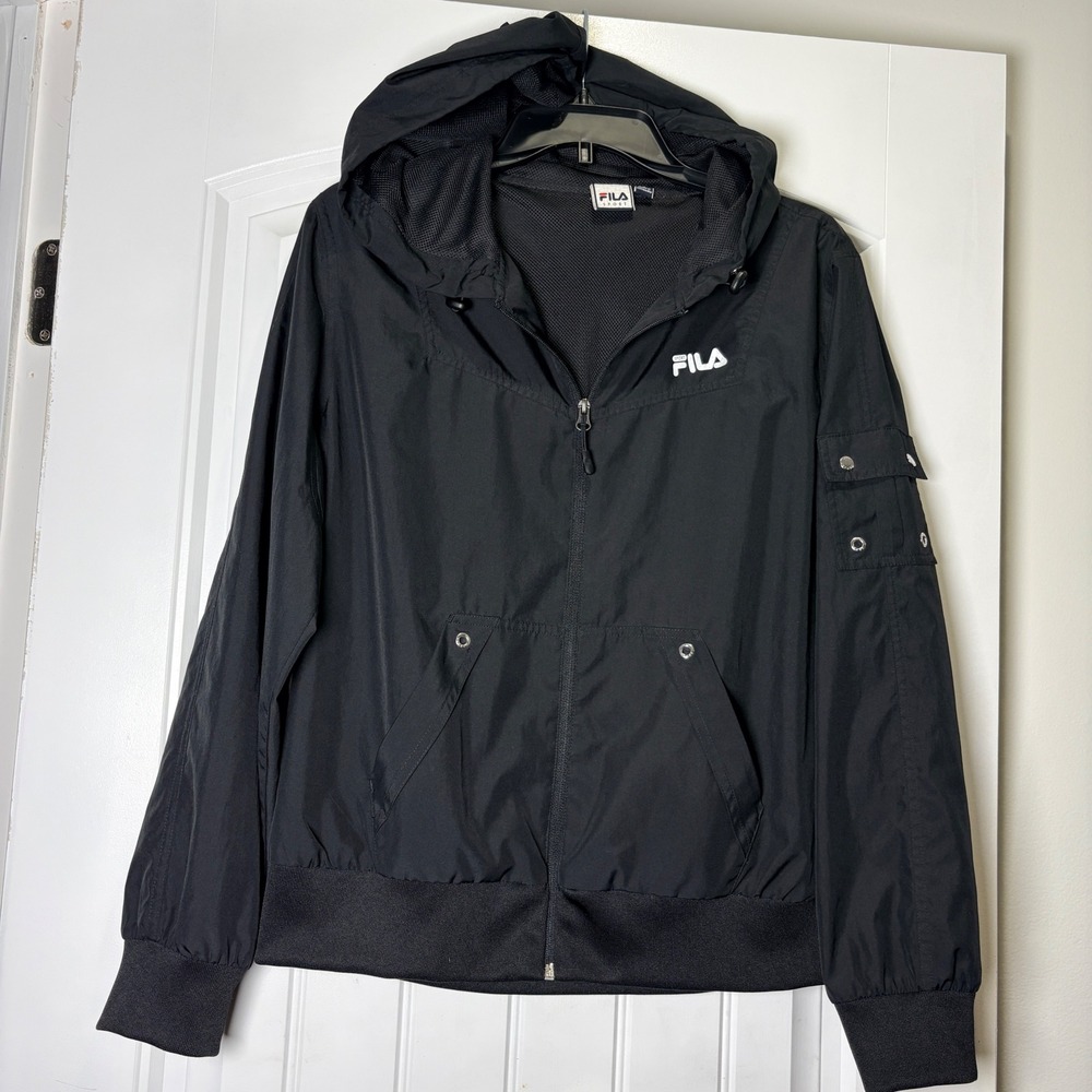 Fila Sport Windbreaker Jacket Womens Large Black Hooded Full Zip Mesh Lined